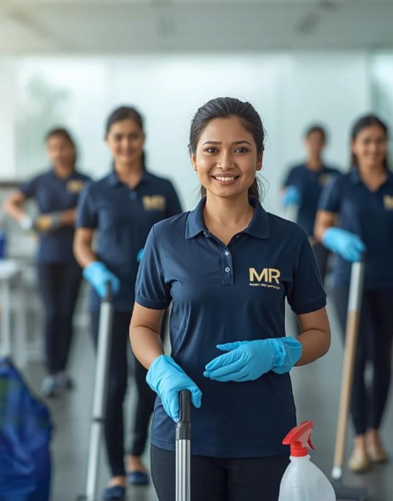 Mr. Clean professional cleaning team standing together in an office space