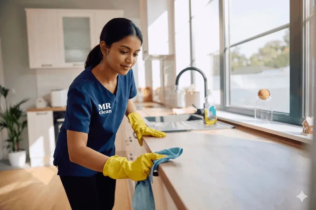Sri Lankan Mr Clean professional doing final touch kitchen cleaning
